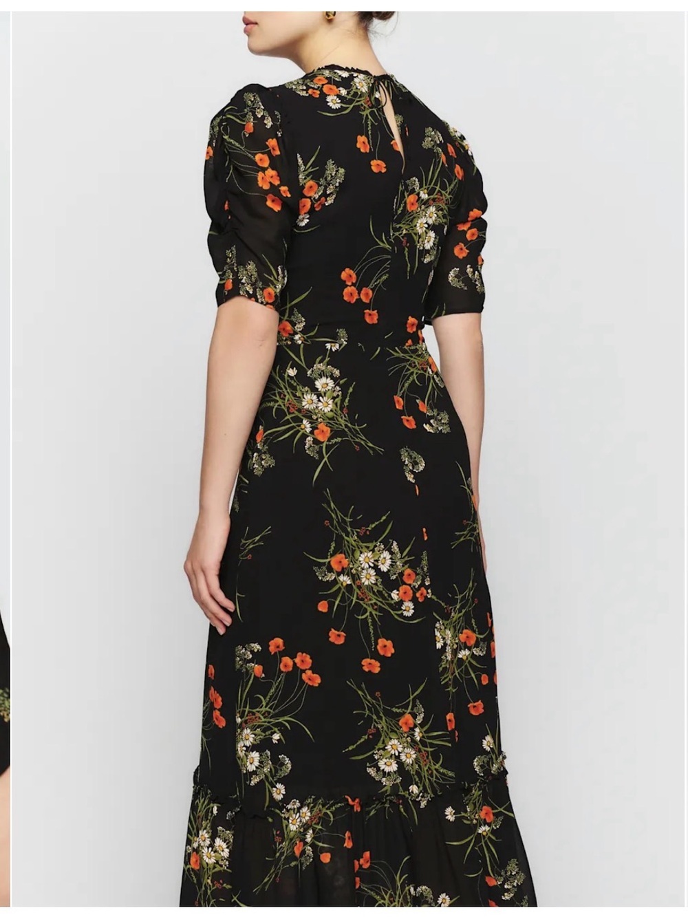 Reformation Black Floral Midi Dress with Orange and Green Print - Picture 3 of 7
